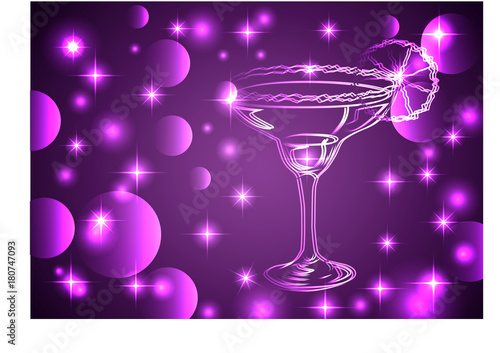 Golden outline of glasses with a cocktail on a pink background with stars and lights, disco, club, neon glow