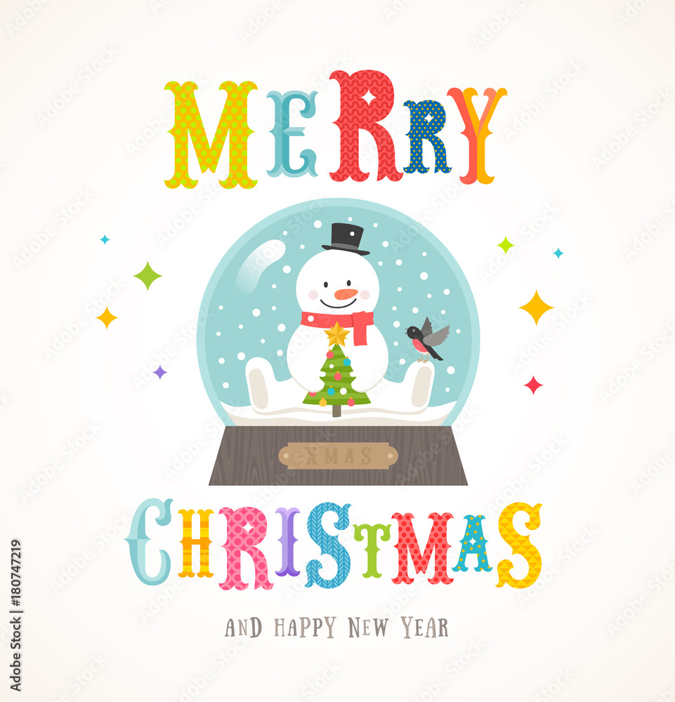 Cartoon flat style colorful Christmas vector illustration. Snowman with christmas tree and bullfinch inside snowglobe.