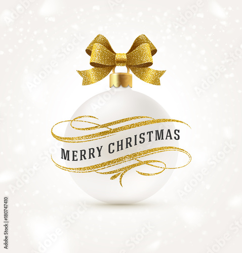 Christmas greeting with glitter gold flourishes elements and white Christmas bauble with golden bow ribbon. Vector illustration.