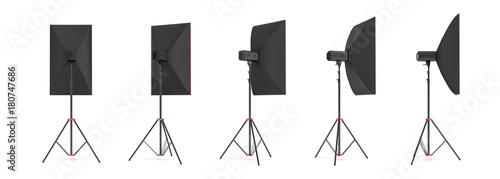 3d rendering of a large softbox lighting set on a stand in different angles. photo