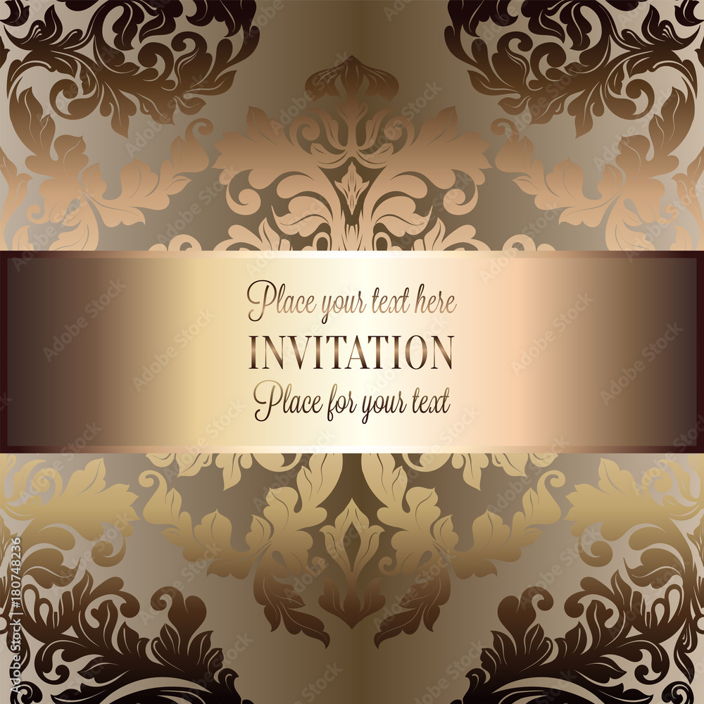 Baroque background with antique, luxury beige, brown and gold vintage frame, victorian banner, damask floral wallpaper ornaments, invitation card, baroque style booklet, fashion pattern