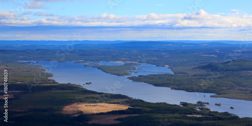 View from the peak of the mountain Hovaerken of the lake Lofssjoen in Sweden