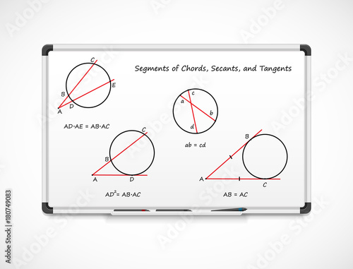 Geometry: Segments of Chords, Secants, and Tangents. Mathematical formula equations on a whiteboard..Education and knowledge concept.