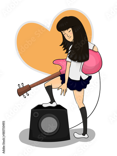 Teenage Girl with bass guitars perform cartoon vector