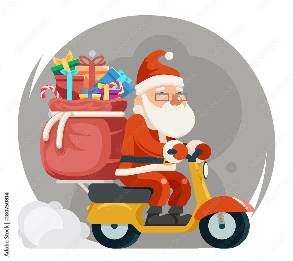 Fototapeta premium Bag Gift Box Santa Claus Delivery Courier Scooter Symbol Box Icon Concept Isolated Cartoon Flat Design Vector Illustration