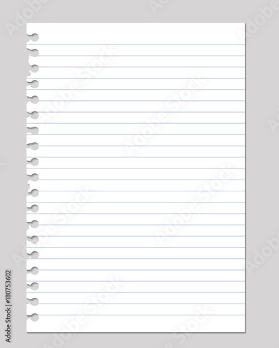 vector realistic illustrations of a torn sheet of paper from a workbook with shadow, isolated