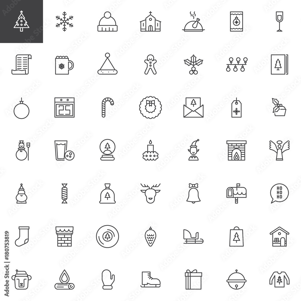 Merry Christmas and Happy New Year line icons set, outline vector symbol collection, linear style pictogram pack. Signs, logo illustration. Set includes icons as Santa Claus, Christmas tree, bells Merry Christmas and Happy New Year line icons set, outline vector symbol collection, linear style pictogram pack. Signs, logo illustration. Set includes icons as Santa Claus, Christmas tree, bells