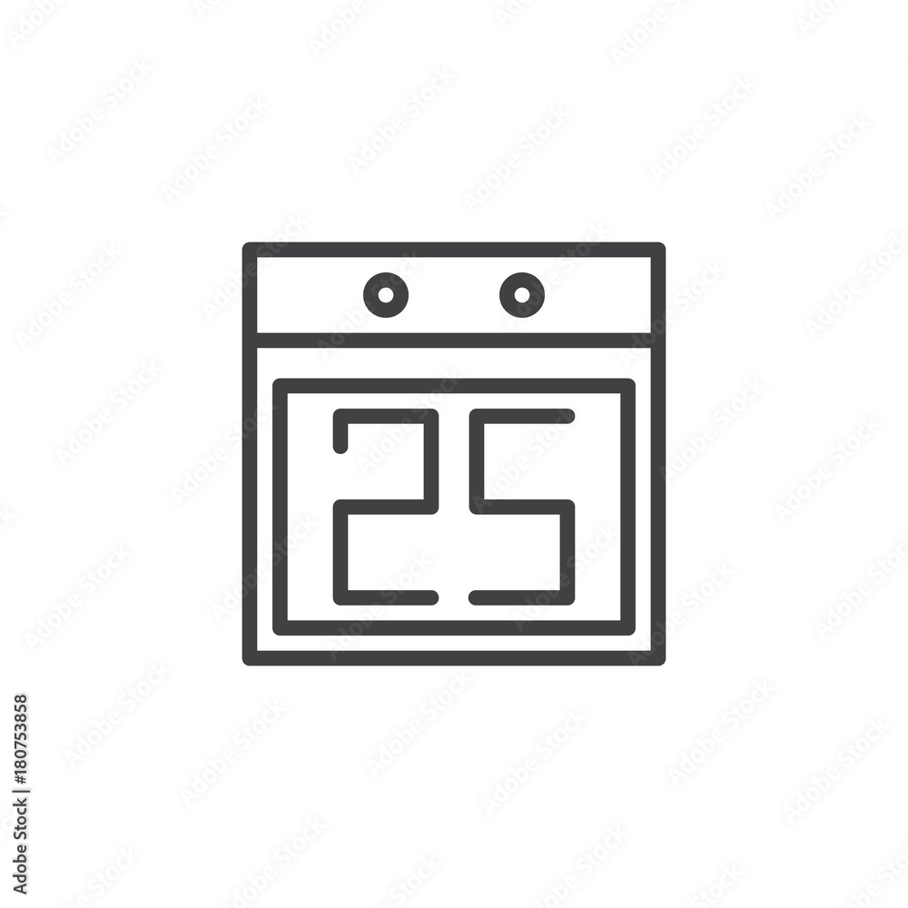 Calendar with Christmas day date number 25 line icon, outline vector sign, linear style pictogram isolated on white. Symbol, logo illustration. Editable stroke Calendar with Christmas day date number 25 line icon, outline vector sign, linear style pictogram isolated on white. Symbol, logo illustration. Editable stroke