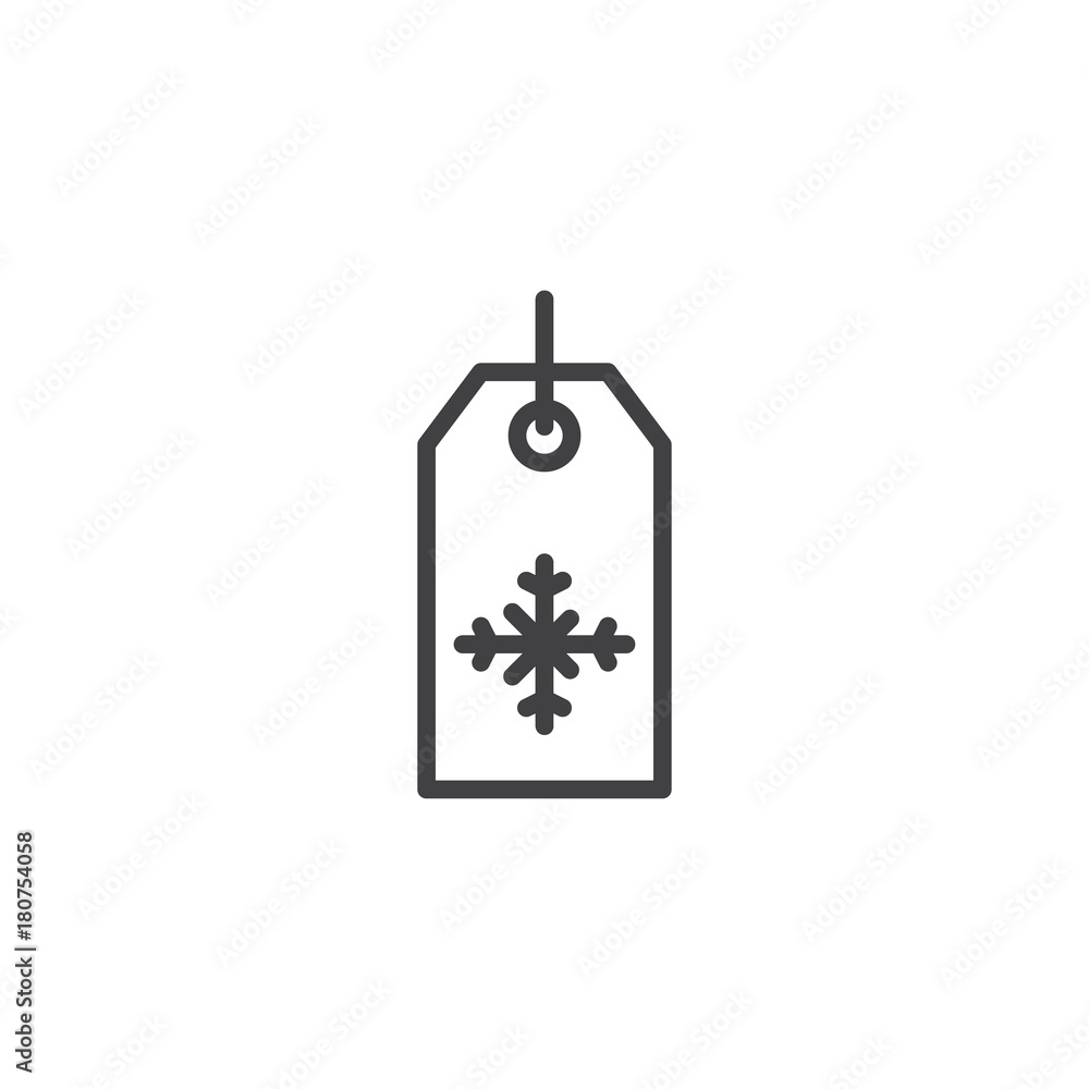 Obraz premium Price tag season winter sale label with snowflake line icon, outline vector sign, linear style pictogram isolated on white. Christmas tag symbol, logo illustration. Editable stroke
