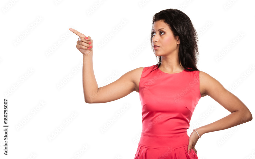 Pretty woman pointing at empty blank copy space. Pretty woman pointing at empty blank copy space.