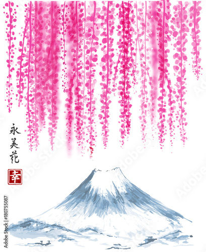 Wisteria blossom and far mountains. Traditional oriental ink painting sumi-e, u-sin, go-hua. Contains hieroglyph - eternity, beauty, happiness.