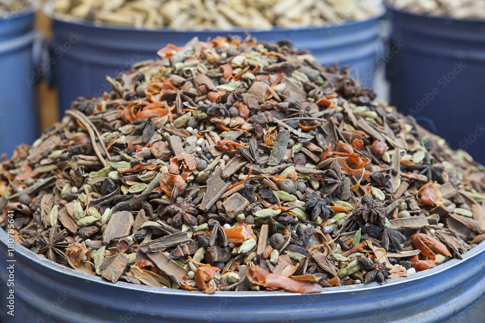 Exotic Moroccan spice blend at a traditional market, also known as souk in Marrakesh, Morocco