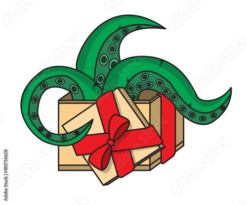 tentacles out of the box, birthday present, holiday packing,Christmas gift
,vector image, flat design, color picture photo