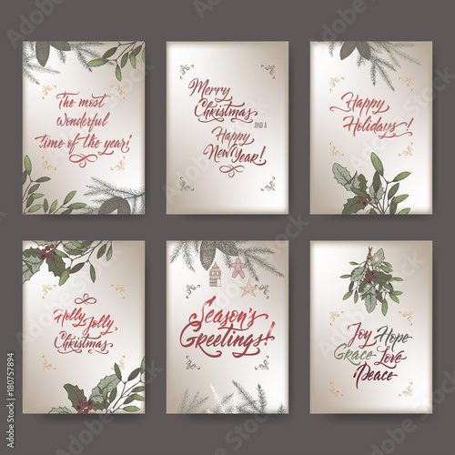 Set of 6 A4 format Christmas color greeting cards with mistletoe, pine branches and holiday brush lettering.