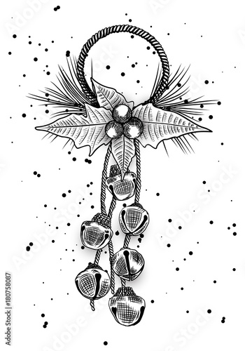 Merry Christmas and Happy New Year hand drawn greeting card with jingle bells, bow, fir, berry. Modern and classic creative Christmas Holiday card. Hand drawn festive flyer. Vector.