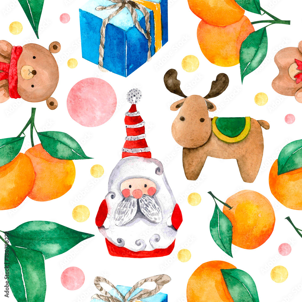 Fototapeta premium Christmas greeting card, watercolor seamless pattern