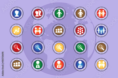 A set of icons on colored buttons with transparent elements. Part 11