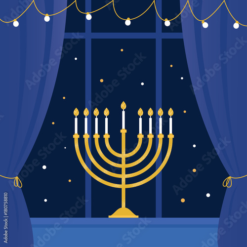 Hanukkah Menorah and Room Window. Vector Illustration