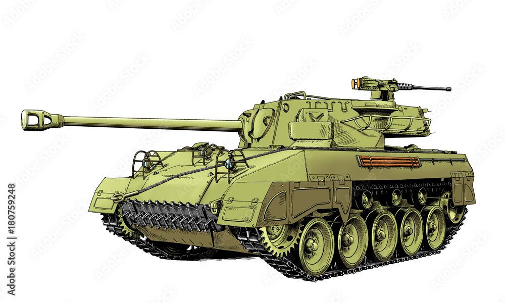 heavy tank painted in ink by hand on a white background