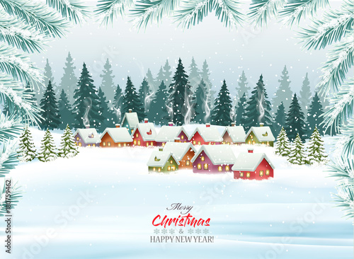 Holiday Christmas background with a village and  trees. Vector.