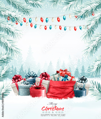 Christmas holiday background with colorful gift boxes. Vector.