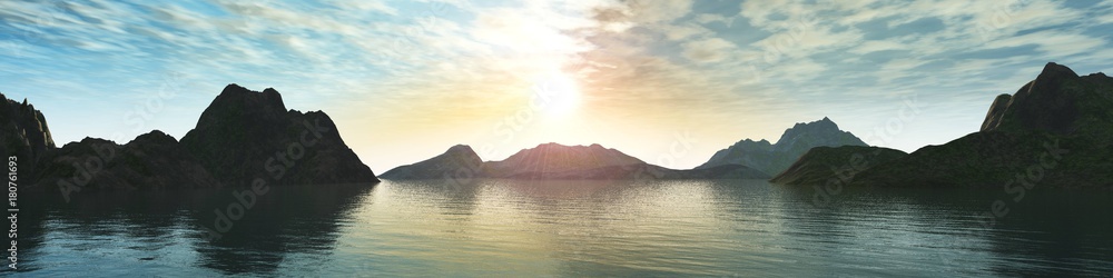 Sunset in the bay, the sun over the islands, the silhouette of the mountains above the water, the banner, 3d rendering