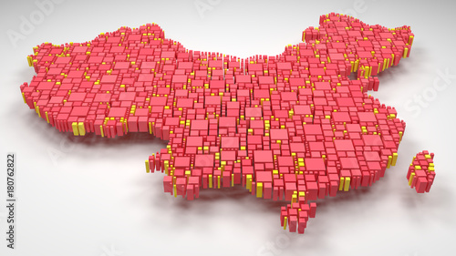Decorative map of China - Asia | 3D rain of little bricks - Flag colors