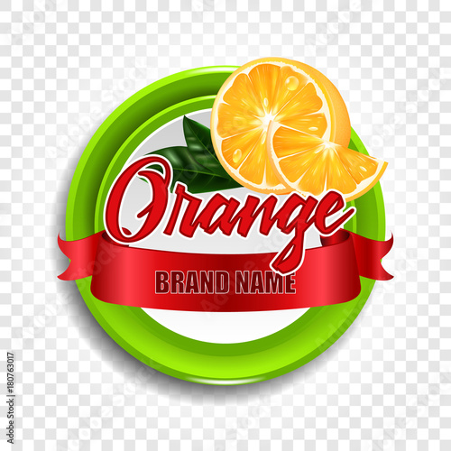 Round label or sticker with the inscription Vector realistic orange. Illustration with a red ribbon.