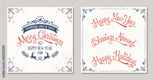 Ornate winter holidays typographic design with reindeer  snowflakes and swirl frames. Merry Christmas  Happy New Year  Blessings Abound and Happy Holidays lettering.