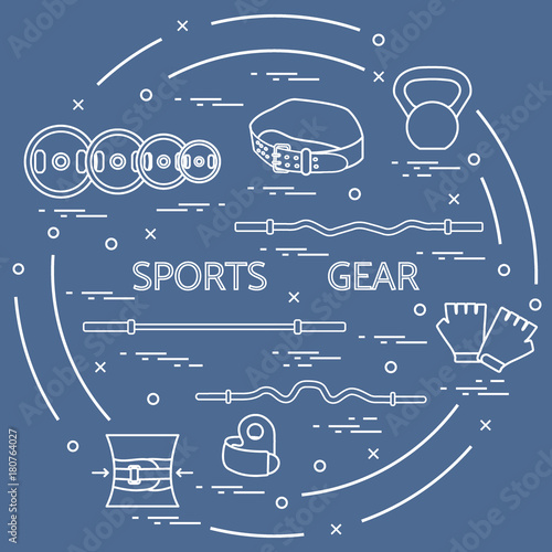 Different goods for weightlifting arranged in a circle.