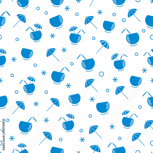 Cute seamless pattern with cocktail in half coconut, tube and umbrella. Travel and leisure.