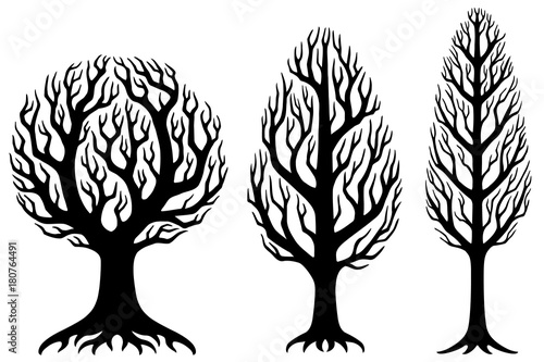 vector illustration, decorative tree silhouettes with different shape of upper branches