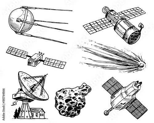 space shuttle, radio telescope and comet, asteroid and meteorite, astronaut exploration. engraved hand drawn in old sketch, vintage style for label. flying ship. rocket launching to the sky.