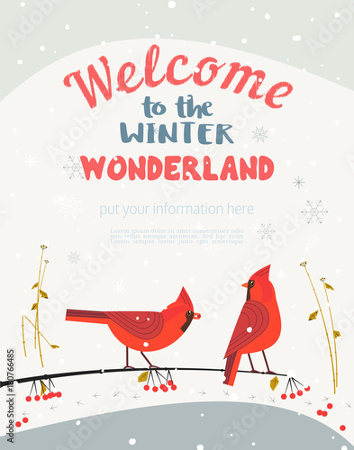 Red Northern Cardinal birds on snow. Cartoon birds of north in city garden. Stylized animal sign. Flyer template for winter wonderland invitation flyer. Christmas New year event banner background