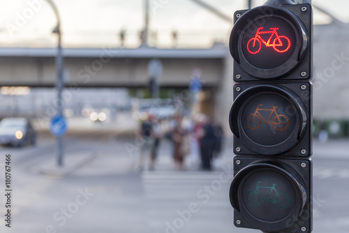 Red signal traffic light with bicycle sign