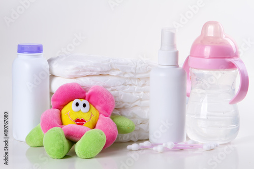 accessories for baby diapers on white background © tirlik