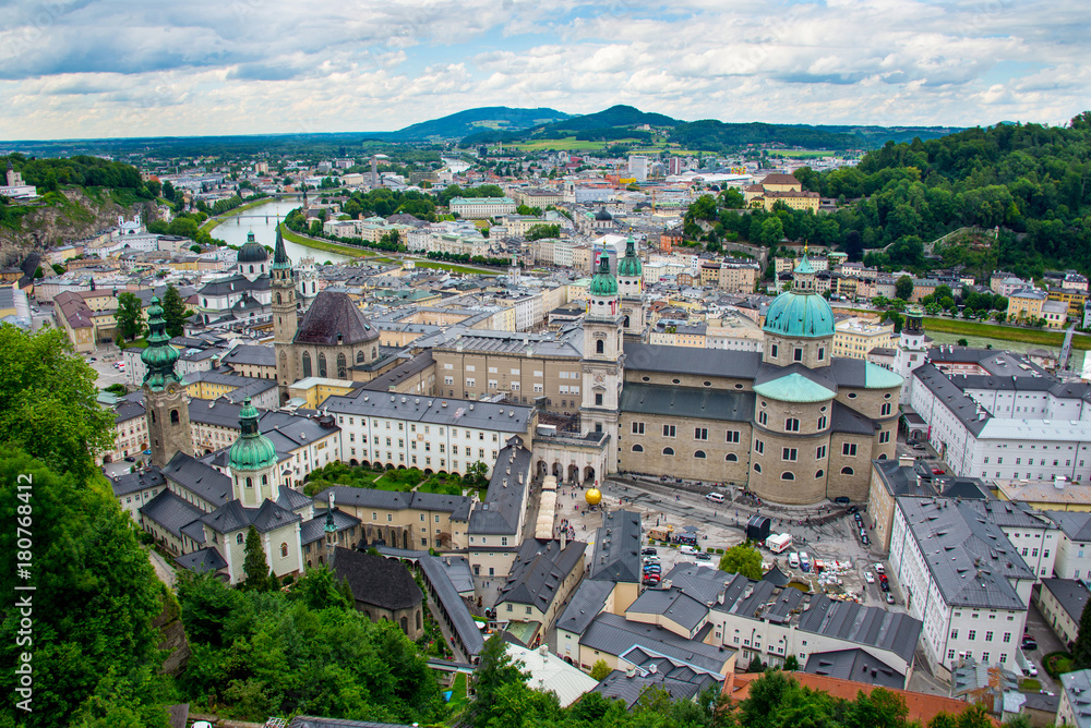 Salzburg panorama overlooking the city center and the river Salzach, Austria