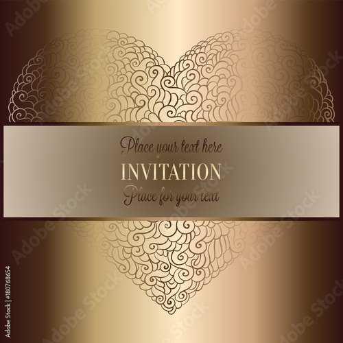 Romantic background with antique, luxury beige and gold vintage frame, victorian banner, heart made of doodle swirls wallpaper ornaments, invitation card, baroque style booklet with text love