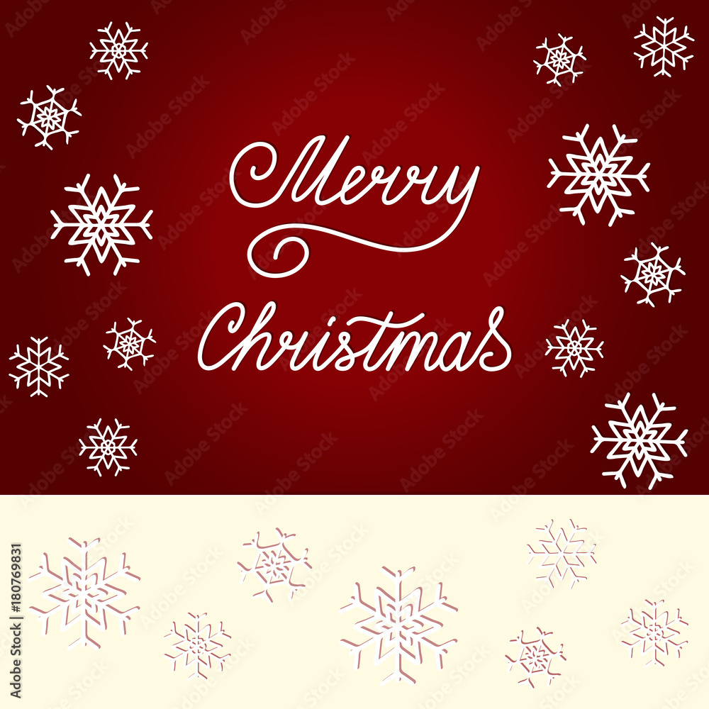 Lettering Merry Christmas, white snowflakes on a dark red background with  frame cream color. Concept for cards, invitations, packets. Paper art style. Happy New Year. Vector illustration EPS 8.