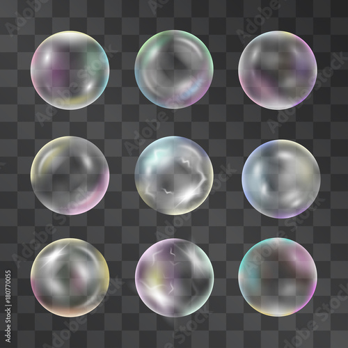 Set of vector soap holographic bubbles of shampoo, bath soap for advertisement mock ups on transparent background. Funny and cute bullas for lovely atmosphere, good mood childish symbol.