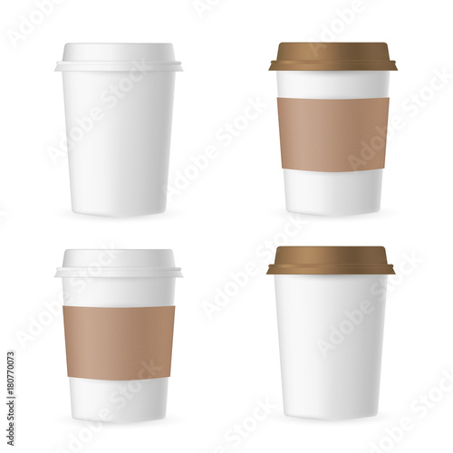 Realistic 3d coffee cup set isolated on white background, hot morning beverage paper or plastic containers with light and brown lids, cardboard hand protector for advertisement mock ups.