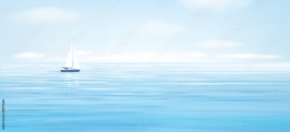 Naklejka premium Wektorowy błękitny morze, nieba tło i jacht.