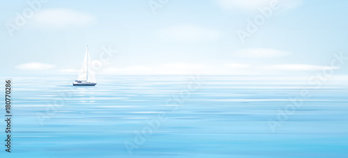 Vector blue sea, sky  background and yacht.