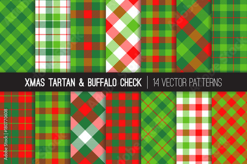 Christmas Tartan and Check Plaid Seamless Vector Patterns. Hipster Lumberjack Flannel Shirt Fabric Textures. Red, Green, Lime Green and White Xmas Backgrounds. Pattern Tile Swatches Included.