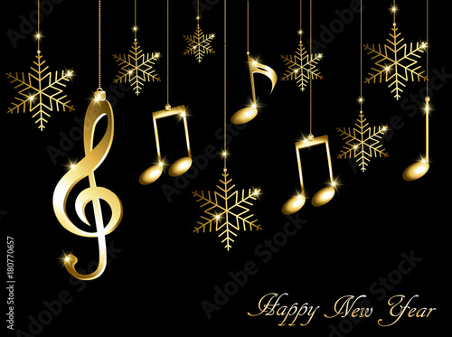 Abstract New Year background with musical notes, treble clef and snowflakes
