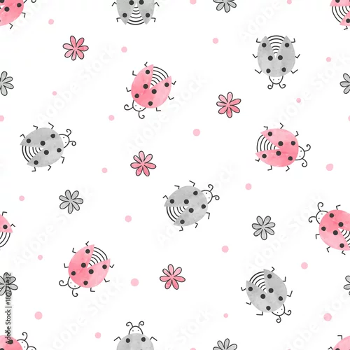 Tapety Bezszwowe biedronki i kwiaty wzór. Tło dla dzieci.
