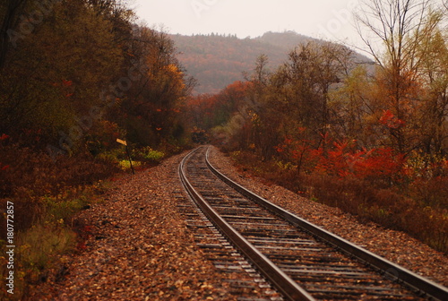 trains tracks along `lake Champlain, Adirondacks