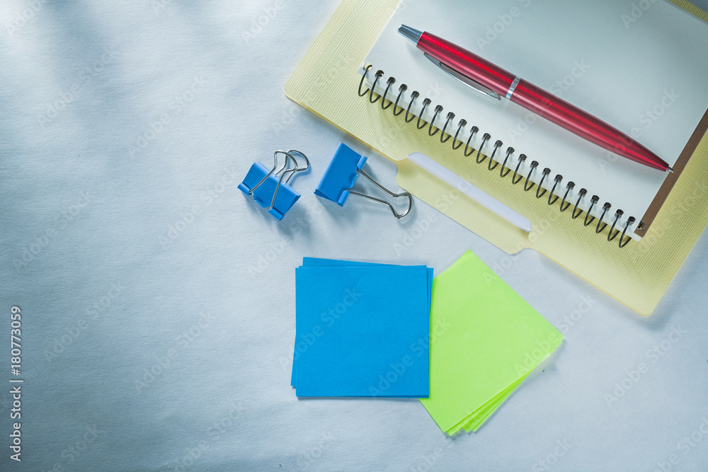 Note-book paper folder biro pen document clips sticky reminders Note-book paper folder biro pen document clips sticky reminders