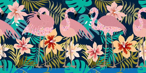 Seamless vector border with flamingos and tropical flowers.
