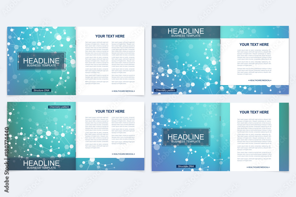 Templates for square brochure. Leaflet cover presentation. Business, science, technology design book layout. Scientific molecule background